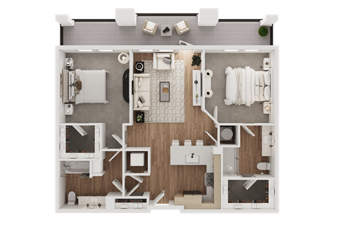 Floor plan for 2 beds, 2 baths, 1042 sqft
